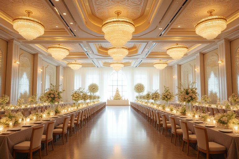 Visione d'insieme di una sala allestita per un grande evento.