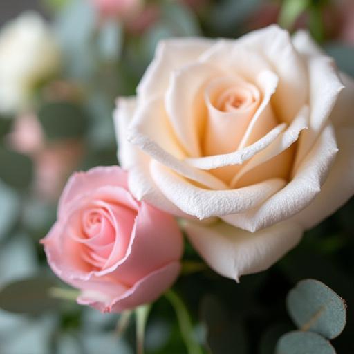 Dettaglio di un centrotavola con rose e eucalipto.