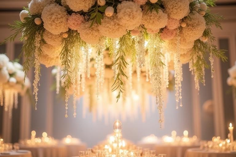 Una grande installazione floreale sospesa sopra i tavoli.