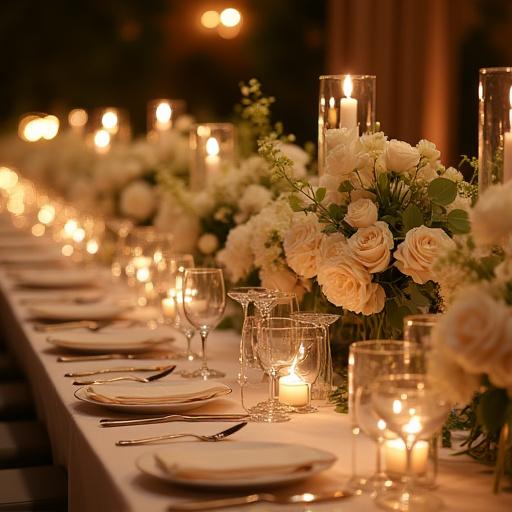 Tavola imperiale decorata per un matrimonio di lusso.